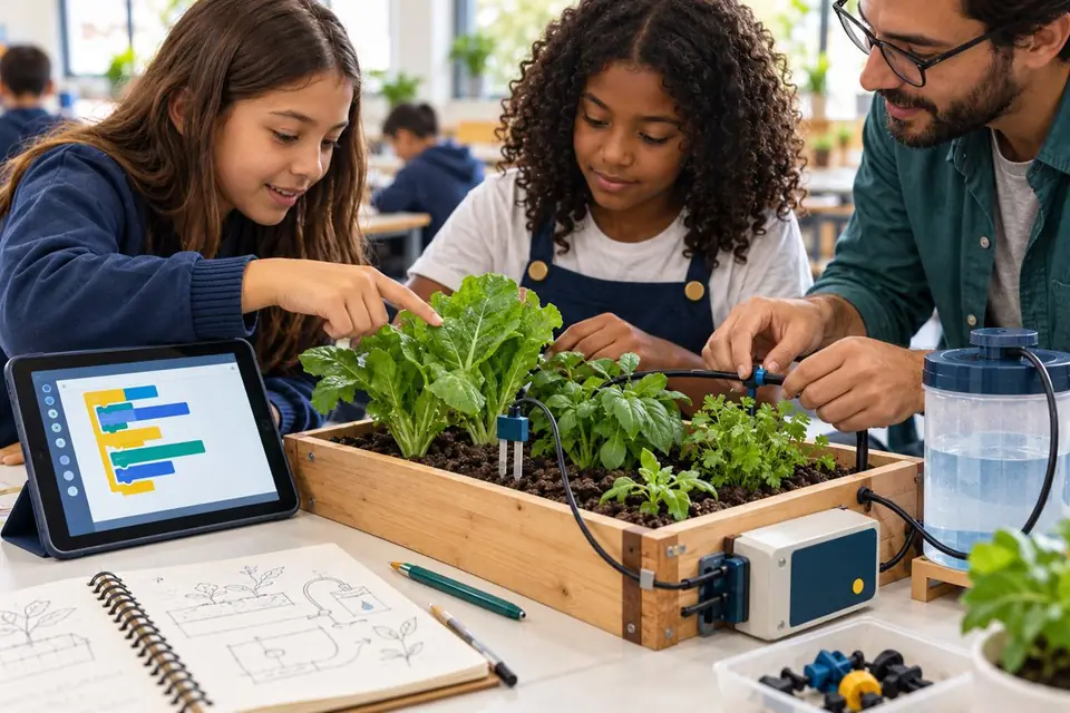 Estudantes programam em um tablet e conectam um sensor de umidade a uma horta escolar, com apoio de um professor