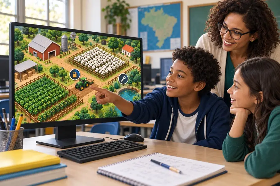 Estudante aponta para um jogo de fazenda na tela do computador, acompanhado por uma colega e uma professora